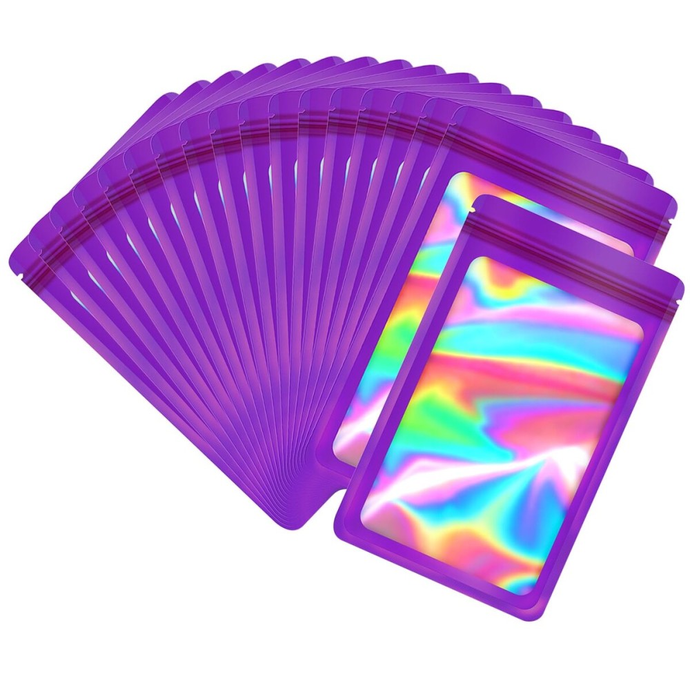 EONJOE 100-pack 46 inch mylar bags with clear window holographic resealable sealable packaging zip bag for small bussiness jewelry candy sample food packing supplies Dark purple
