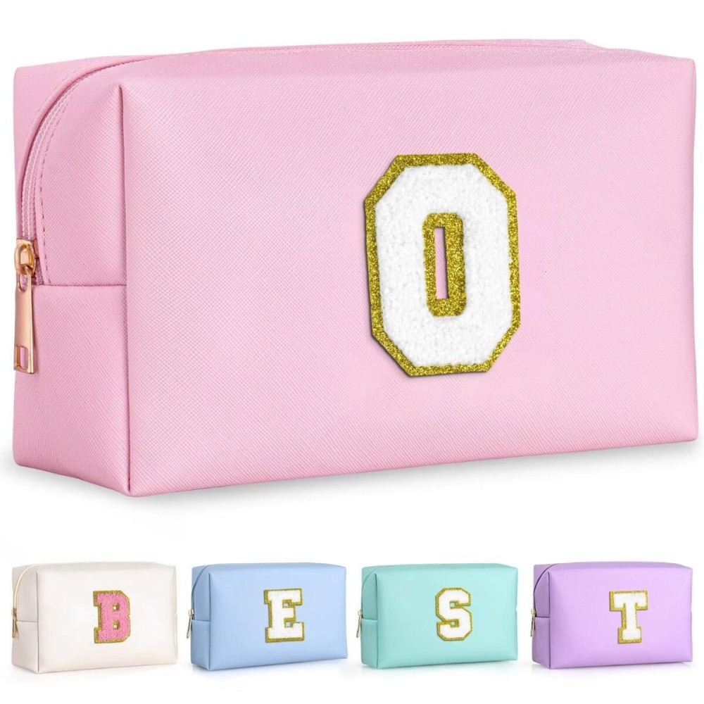 TOPEAST Small Makeup Bag Initial Cosmetic Bag Travel Toiletry Bag, Personalized Birthday Gift for Mom Sister Friends Teacher Nurse, Preppy Travel Stuff for Girls (Pink O)