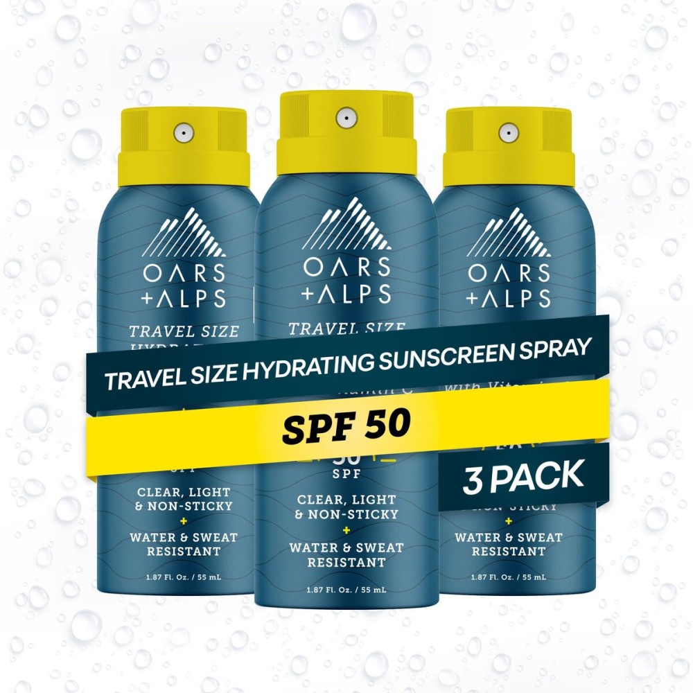 Oars + Alps Sunscreen Spray for Face & Body Spray Sunscreen Infused with Vitamin C & Antioxidants, No White Residue, Water & Sweat Resistant, All Skin Types, Lightweight, Hydrating, SPF 50, 1.87Oz,3pk