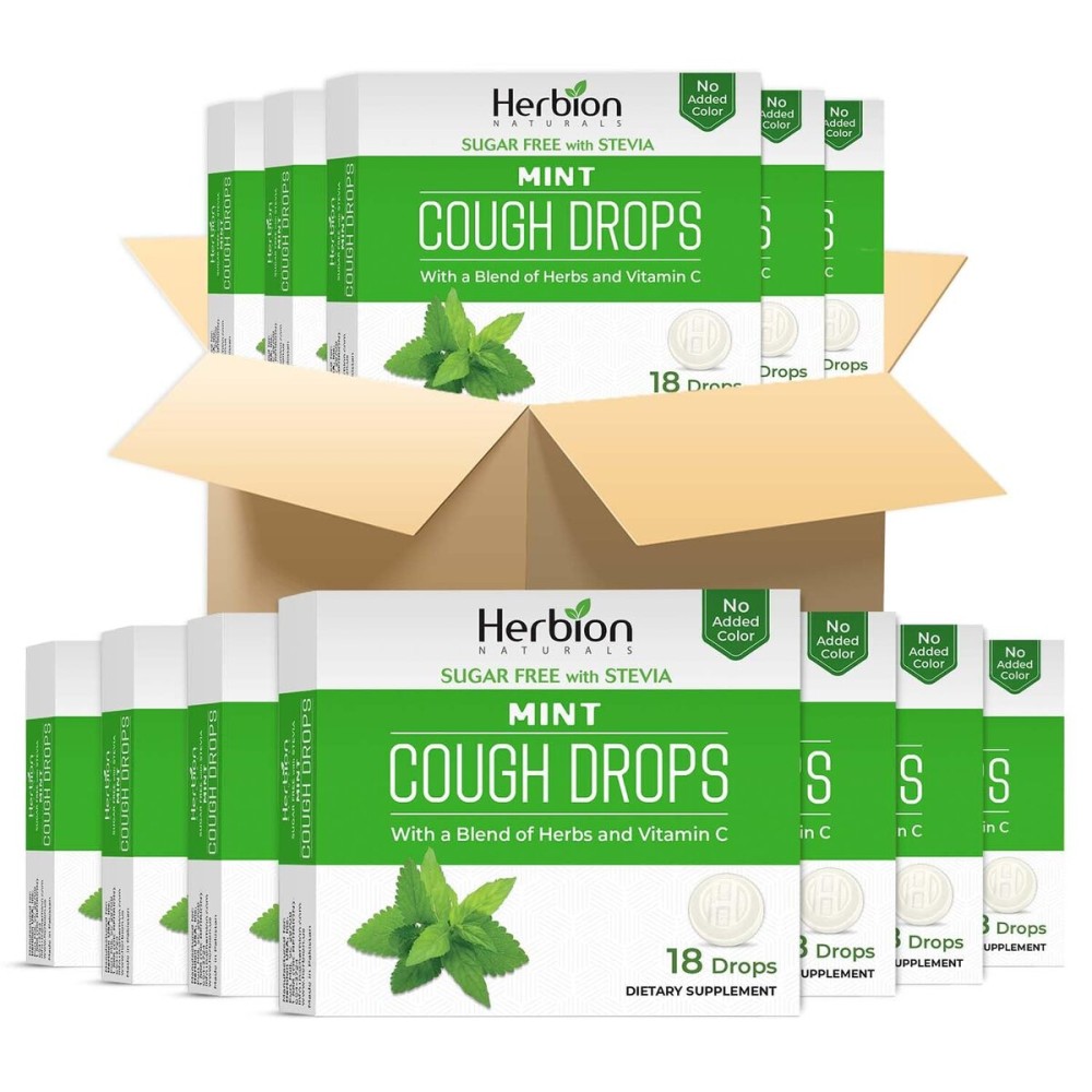 HERBION Naturals Cough Drops, Sugar-Free with Stevia, Dietary Supplement, Soothes Cough, for Adults & Children Over 6 Years, 18 Drops Each (Pack of 48, Mint)