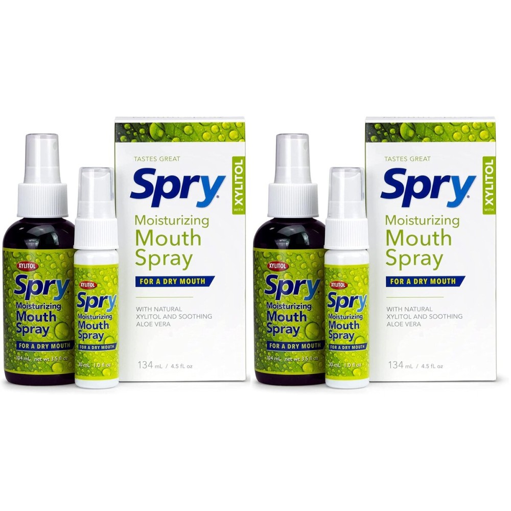 Spry Natural Xylitol Moisturizing Dry Mouth Spray, Stop Bad Breath, Increase Saliva Production, Non-GMO, Gluten-Free On The Go Oral Care with Spearmint Flavor, 4.5 fl.oz (Pack of 2)