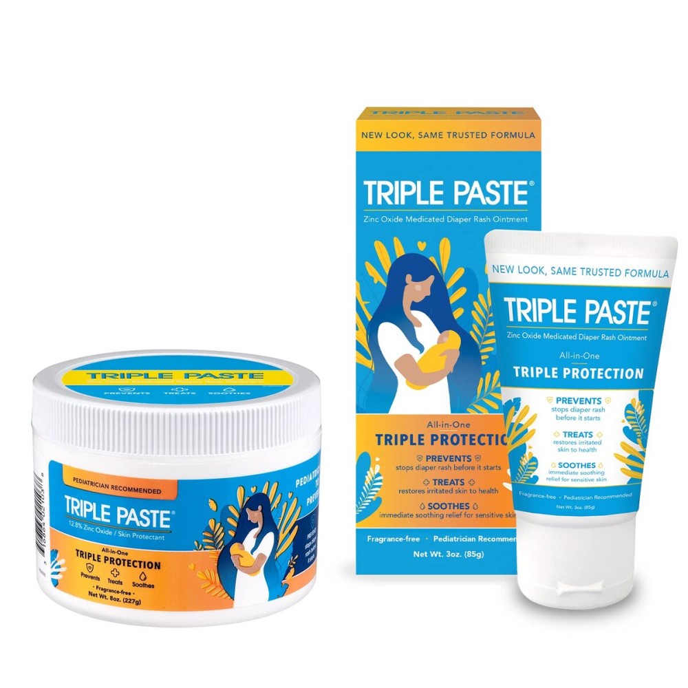 Triple Paste Diaper Rash Cream for Baby - 8 Oz Tub & 3 Oz Tube At Home & On the Go Bundle - Zinc Oxide Ointment Treats, Soothes & Prevents Diaper Rash, Baby Essentials for Daily & Overnight