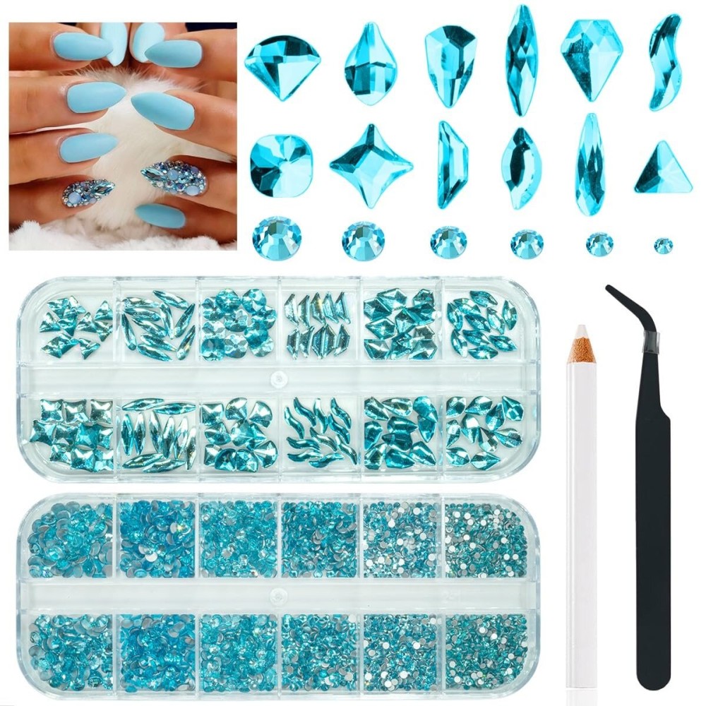 qiipii Aquamarine Rhinestones for Nails Lake Blue Nail Rhinestones Multi Shapes Flatback Water Blue Crystals Gems K9 Glass Stones Diamonds jewels Nail Art Supplies Nail Charms for Nails Faces Makeup