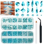 qiipii Aquamarine Rhinestones for Nails Lake Blue Nail Rhinestones Multi Shapes Flatback Water Blue Crystals Gems K9 Glass Stones Diamonds jewels Nail Art Supplies Nail Charms for Nails Faces Makeup