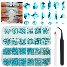 qiipii Aquamarine Rhinestones for Nails Lake Blue Nail Rhinestones Multi Shapes Flatback Water Blue Crystals Gems K9 Glass Stones Diamonds jewels Nail Art Supplies Nail Charms for Nails Faces Makeup