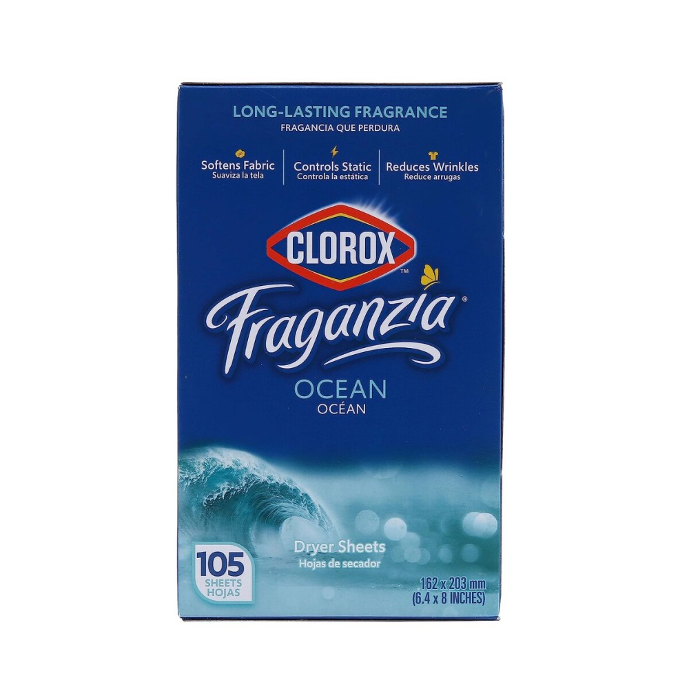 Clorox Fraganzia Dryer Sheets in Ocean Scent, 105 Count | Wrinkle-Reducing Fabric Softener Sheets | Best Laundry Dryer Sheets with Long-Lasting Ocean Scent