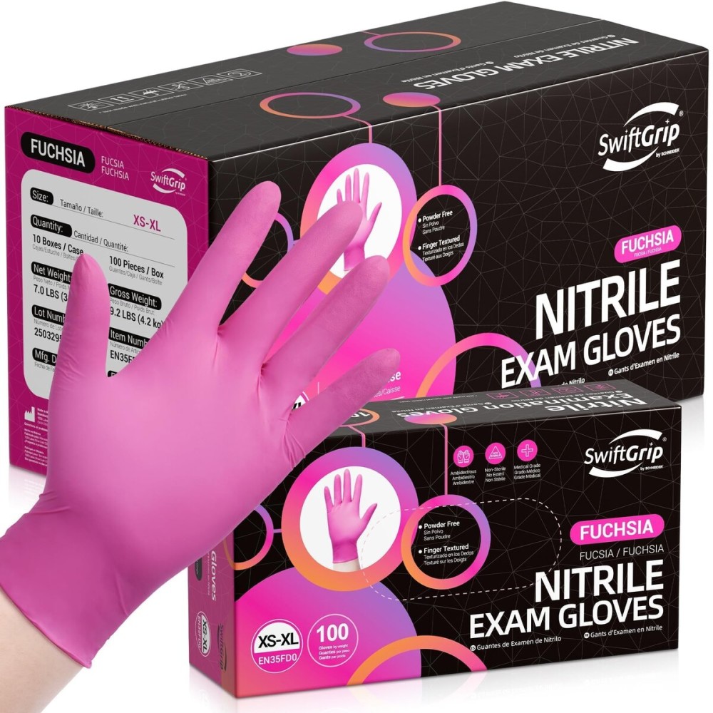 SwiftGrip Pink Gloves Powder-Free Nitrile Gloves, 1000ct Box - 3-Mil, Gloves Disposable Latex Free, for Kitchen, Cleaning, Estheticians, Hair Stylist - Pink/Fuchsia(Medium)
