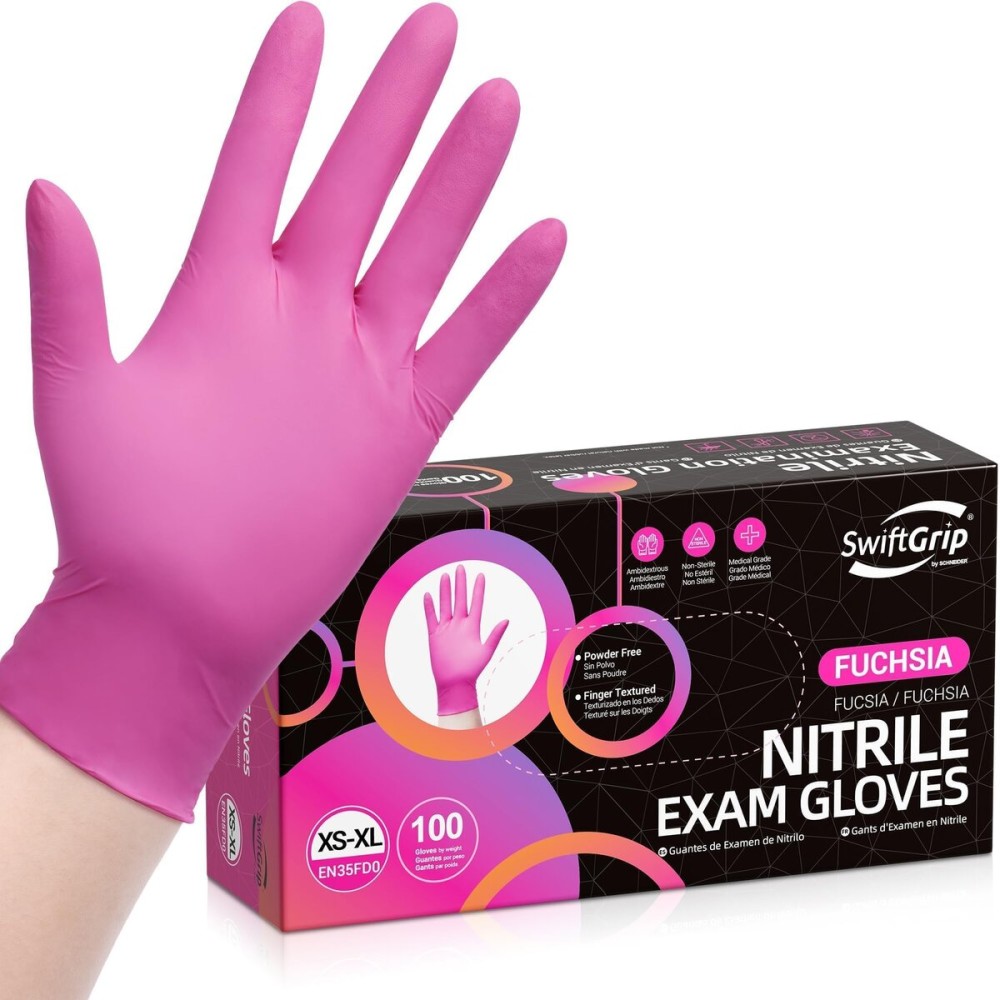 SwiftGrip Pink Gloves Powder-Free Nitrile Gloves, 100ct Box - 3-Mil, Gloves Disposable Latex Free, for Kitchen, Cleaning, Estheticians, Hair Stylist - Pink/Fuchsia(Large)