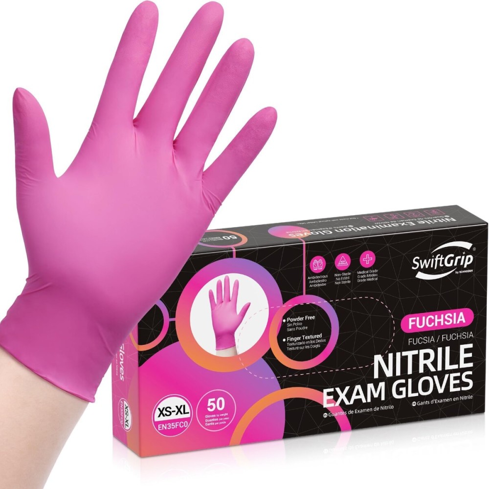 SwiftGrip Pink Gloves Powder-Free Nitrile Gloves, 50ct Box - 3-Mil, Gloves Disposable Latex Free, for Kitchen, Cleaning, Estheticians, Hair Stylist - Pink/Fuchsia(Medium)