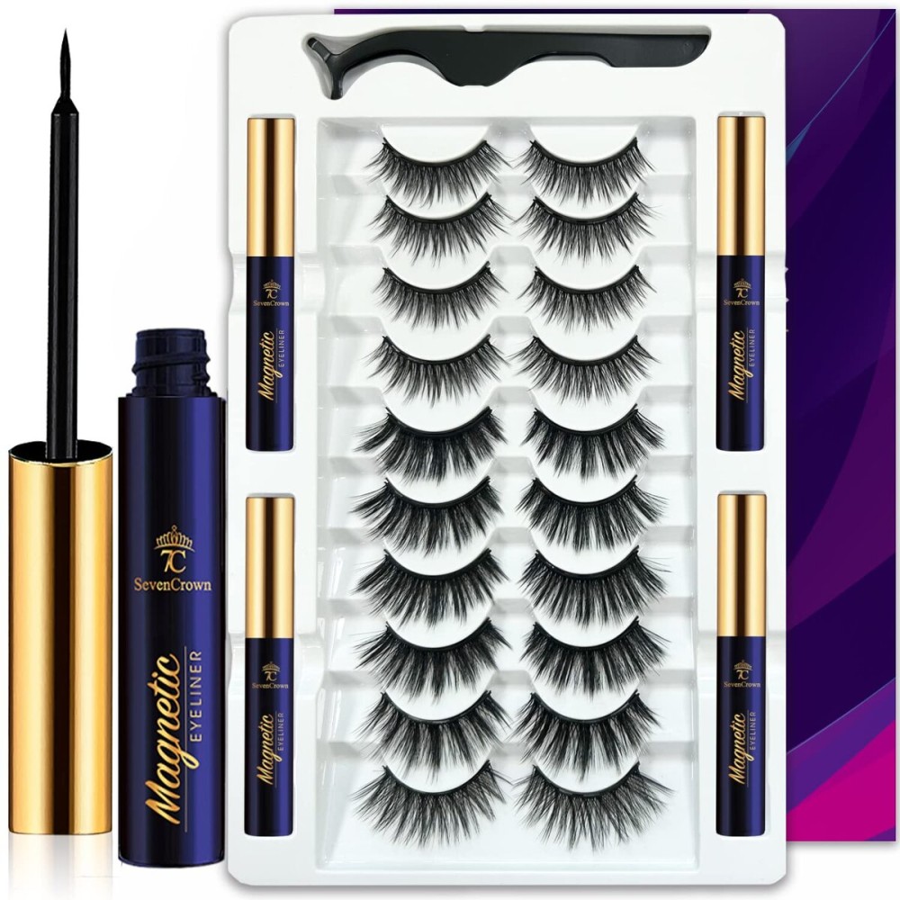 Magnetic Eyelashes Natural Look- Mix 10 Pairs 3D Magnetic Lashes with Eyeliner,Upgraded Long Lasting,Reusable 5 Magnet False Eyelashes with Applicator Easy to Apply.Cruelty-Free