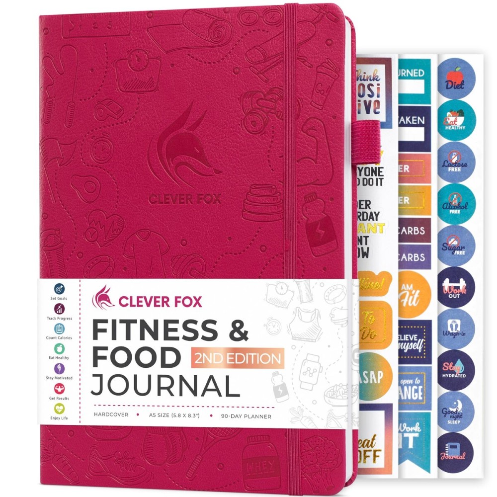 Clever Fox Fitness & Food Journal - Nutrition & Workout Planner for Women & Men - Diet & Gym Exercise Log Book with Calendars, Diet & Training Trackers - Undated, A5 Size, Hardcover (Fuchsia)