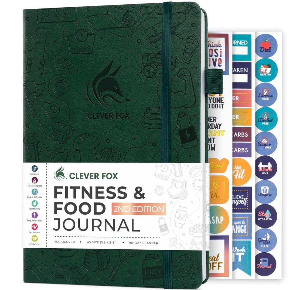 Clever Fox Fitness & Food Journal - Nutrition & Workout Planner for Women & Men - Diet & Gym Exercise Log Book with Calendars, Diet & Training Trackers - Undated, A5 Size, Hardcover (Forest Green)