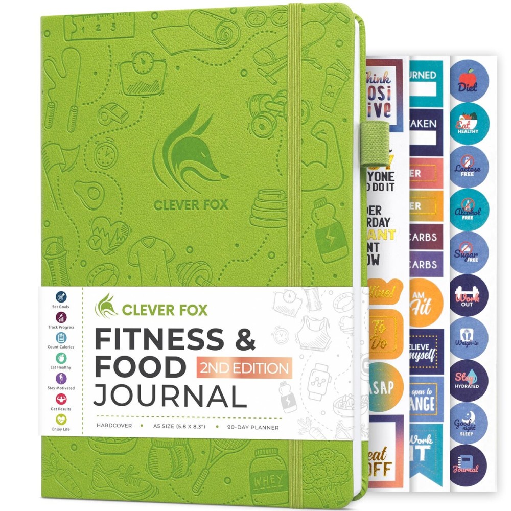 Clever Fox Fitness & Food Journal - Nutrition & Workout Planner for Women & Men - Diet & Gym Exercise Log Book with Calendars, Diet & Training Trackers - Undated, A5 Size, Hardcover (Apple Green)