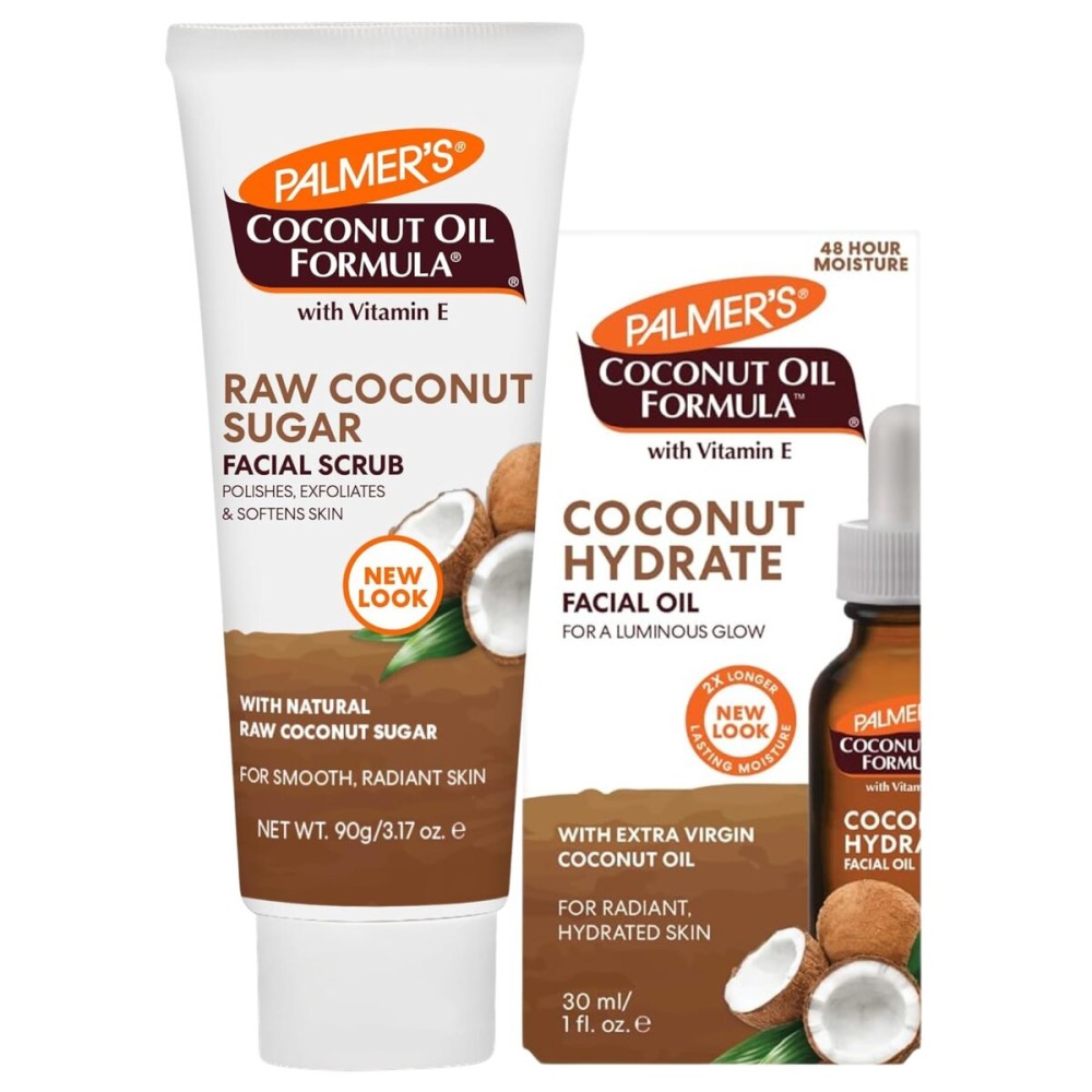 Palmer\'s Coconut Oil Face Care Bundle - Face Oil & Scrub, Fair Trade & Monoi, 1 fl oz Oil & 3.17 oz Scrub