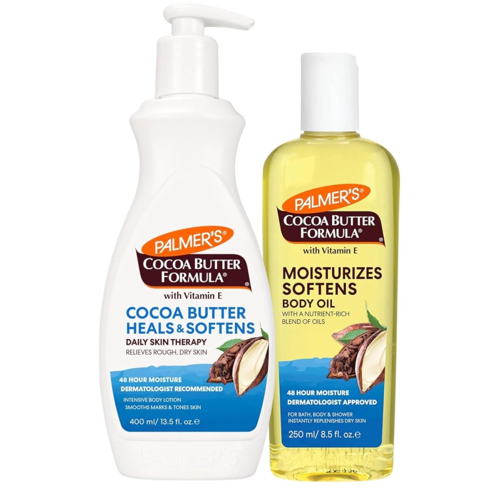 Palmer\'s Cocoa Butter Body Oil + Body Lotion, Value Skin Care Bundle for Dry Skin, Provides 48 Hour Moisture to Dry, Rough Skin, Includes 1 Moisturizing Lotion (13.5 fl oz) and 1 Skin Oil (8.5 fl oz)