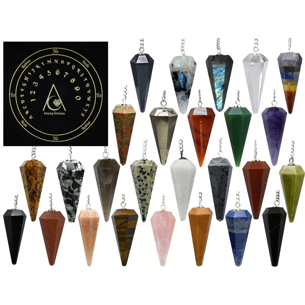 Amazing Gemstone Pack of 11 Crystal Pendulums Bulk Set with Pendulum Board - Wholesale Bulk Crystals