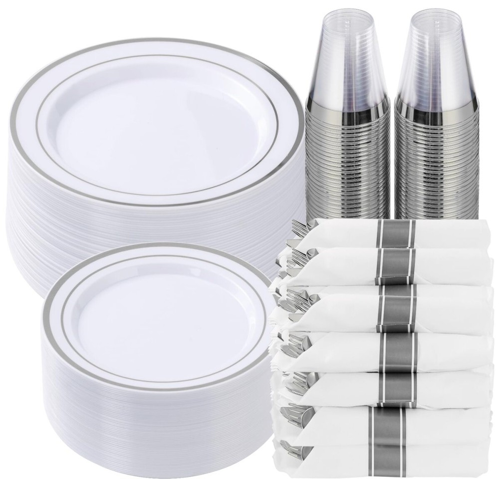Goodluck 350 Piece Silver Plastic Dinnerware Set for 50 Guests, Fancy Disposable Plates for Party, Include: 50 Dinner Plates, 50 Dessert Plates, 50 Pre Rolled Napkins with Silver Silverware, 50 Cups