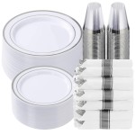 Goodluck 350 Piece Silver Plastic Dinnerware Set for 50 Guests, Fancy Disposable Plates for Party, Include: 50 Dinner Plates, 50 Dessert Plates, 50 Pre Rolled Napkins with Silver Silverware, 50 Cups