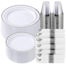 Goodluck 350 Piece Silver Plastic Dinnerware Set for 50 Guests, Fancy Disposable Plates for Party, Include: 50 Dinner Plates, 50 Dessert Plates, 50 Pre Rolled Napkins with Silver Silverware, 50 Cups