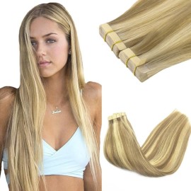 GOO GOO Tape in Hair Extensions Human Hair, 16/22 Light Blonde Highlighted Golden Blonde, 20inch 100g 40pcs, Skin Weft Seamless Invisible, Silky Straight with Thick Ends, Remy Human Hair