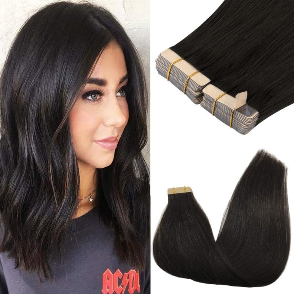 GOO GOO Tape in Hair Extensions Human Hair, 1B Natural black, 22inch 100g 40pcs, Skin Weft Seamless Invisible, Silky Straight with Thick Ends, Remy Human Hair