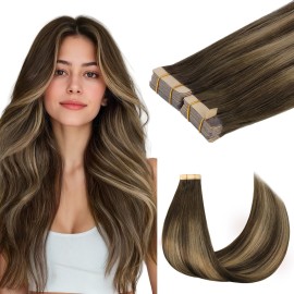 GOO GOO Tape in Hair Extensions Human Hair, 4/27/4 Balayage Chocolate Brown to Caramel Blonde, 20inch 100g 40pcs, Skin Weft Seamless Invisible, Silky Straight with Thick Ends, Remy Human Hair