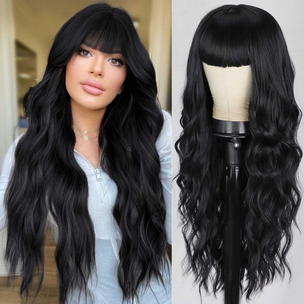 Lativ Black Wig with Bangs Long Wavy Wig for Women Synthetic Curly Natural Black Wigs Hair Replacement Wigs for Girls Daily Party Use 26 Inches