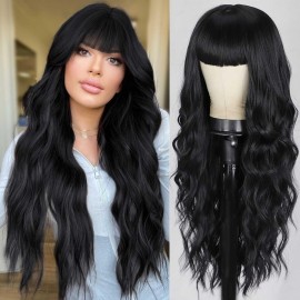 Lativ Black Wig with Bangs Long Wavy Wig for Women Synthetic Curly Natural Black Wigs Hair Replacement Wigs for Girls Daily Party Use 26 Inches
