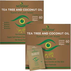 NOVEHA 120PCs Tea Tree & Coconut Oil Eyelid & Lash Wipes - For Demodex, Blepharitis & Itchy Eyes, Individually Wrapped Eyelash Wipes With Aloe Vera, Natural Makeup Remover & Daily Eye Cleanser - 2pack