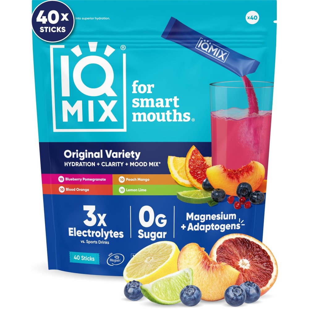 IQMIX Hydration Electrolyte Powder - 4-in-1 Formula for Hydration, Mental Clarity, Mood and Recovery - Sugar-Free Drink Mix, Keto, Magnesium L-Threonate, Lions Mane - 40 Count Variety Pack