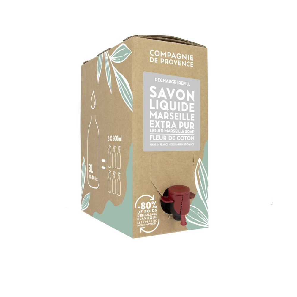 Compagnie de Provence Savon de Marseille Extra Pure Liquid Soap, Cotton Flower, 101.4 Fl Oz Eco Refill