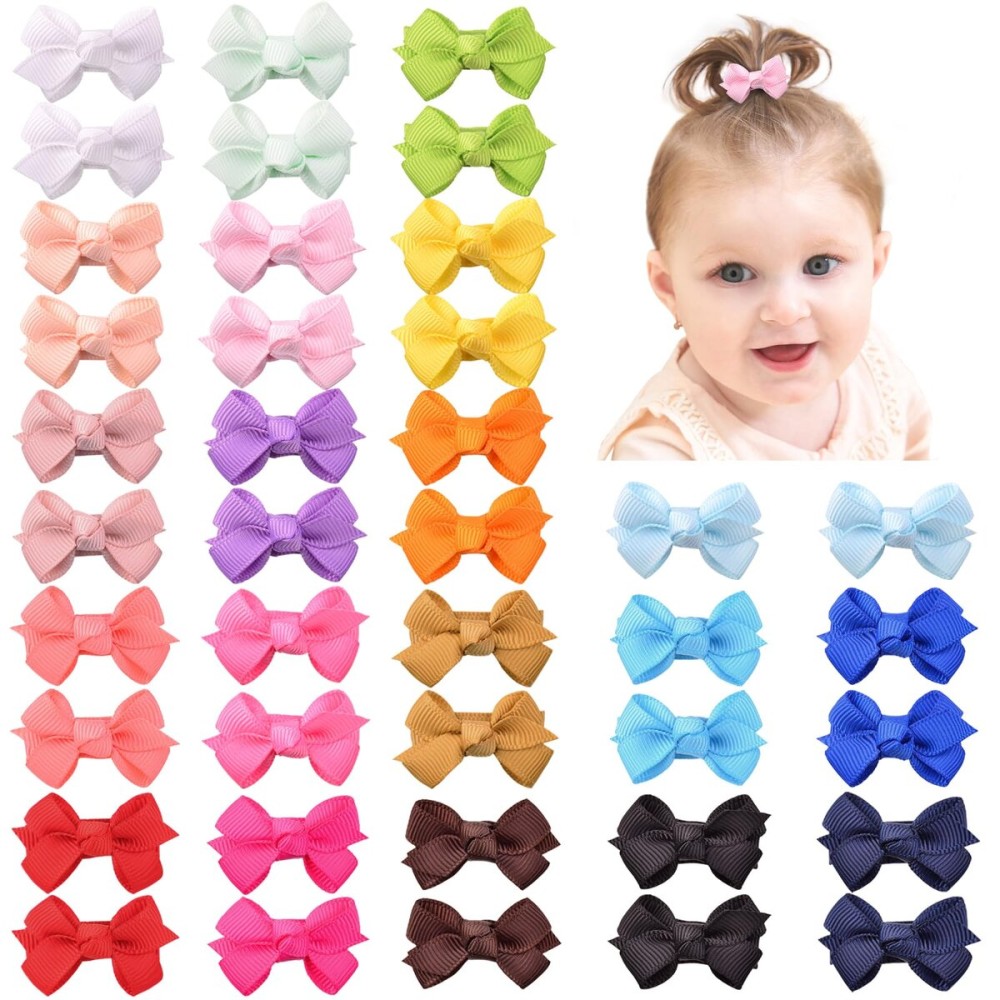 Mini Fully Lined Grosgrain Ribbon Hair Bows Clips for Baby Girls with Fine Hair - 40PCS (20 Color Pairs)
