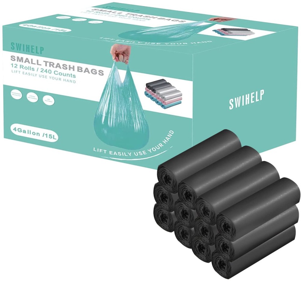 Small Trash Bags 240 Count Garbage Bags SWIHELP Waste Basket Liners for Bathroom, Kitchen,Bedroom, Office Pet Car 15 Liter Trash Can 4 Gallon
