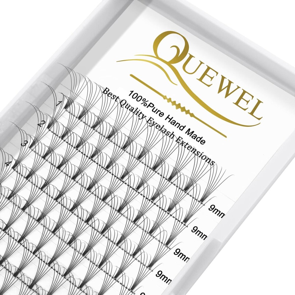 QUEWEL Premade Lash Fans, 6D Premade Fans Eyelash Extensions 0.07mm Thickness C Curl 9mm Volume Lash Extensions Short Stem Pre Made Fans Eyelash Extensions(6D 0.07C 9mm)