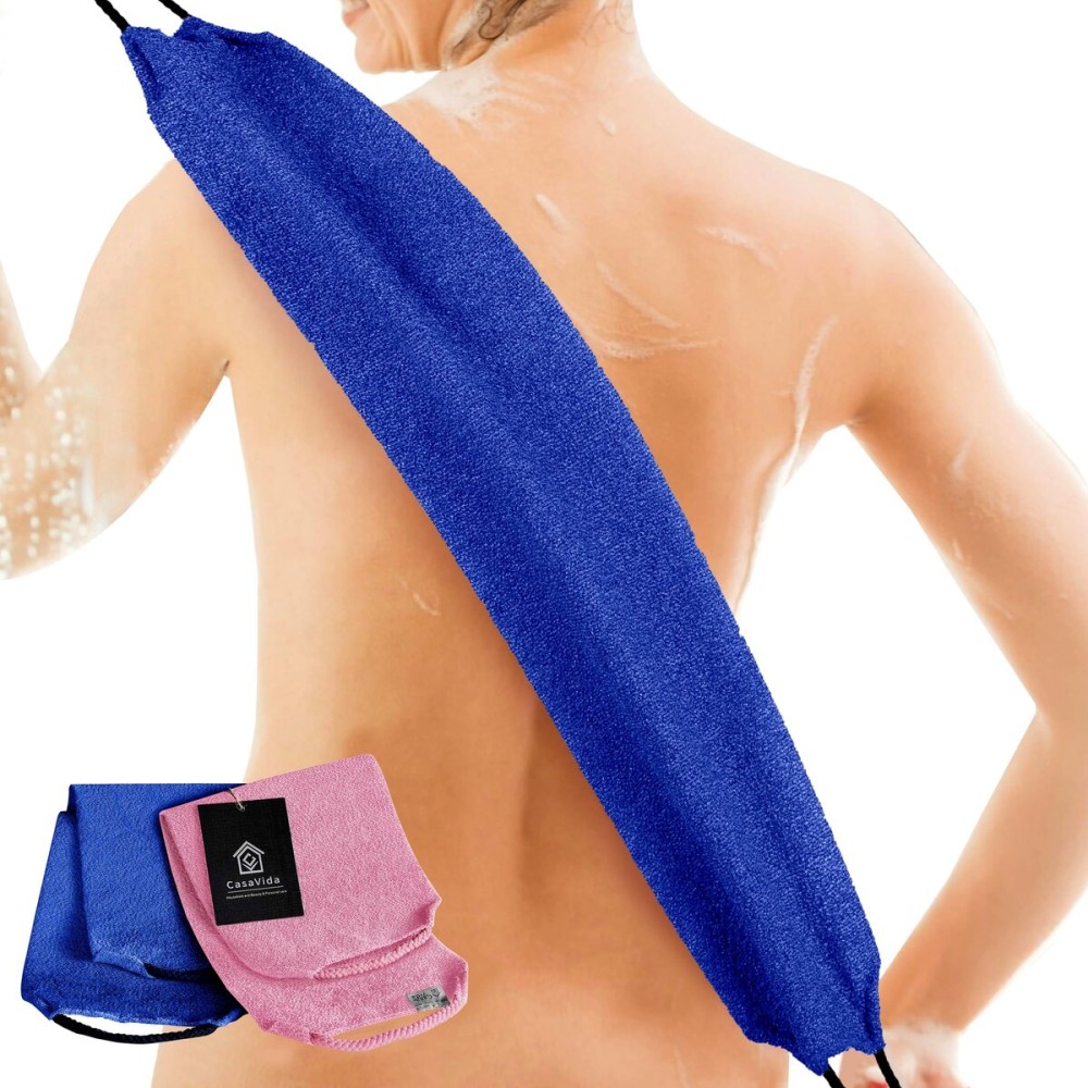 CASAVIDA Back Scrubber for Shower Nylon Bath Towel Washer Exfoliating Washcloth Rear Japanese Stretchable Pull Strap Wash Cloth Exfoliation 2 Pack (Pink + Jean Blue)