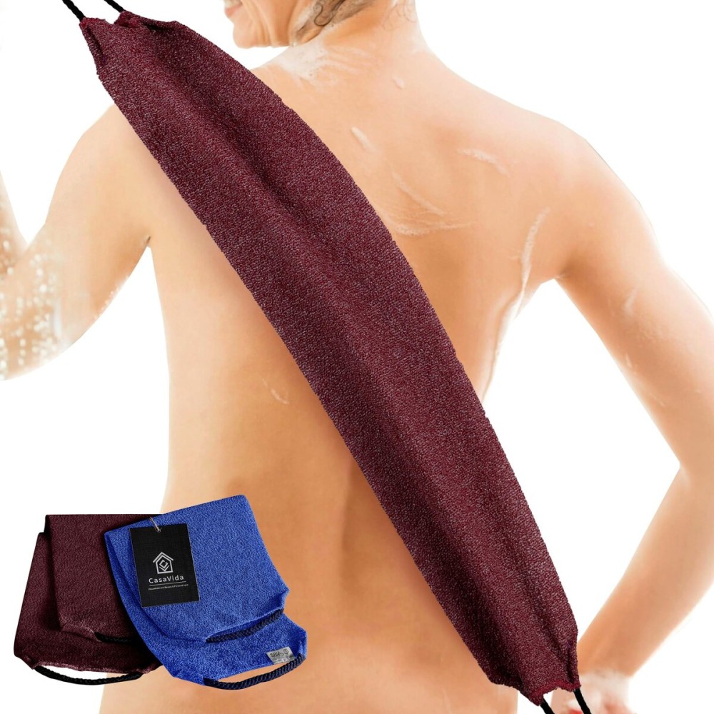 CASAVIDA Back Scrubber for Shower Nylon Bath Towel Washer Exfoliating Washcloth Rear Japanese Stretchable Strap Wash Cloth Body Exfoliation 2 Pack (Jean Blue + Wine Red)