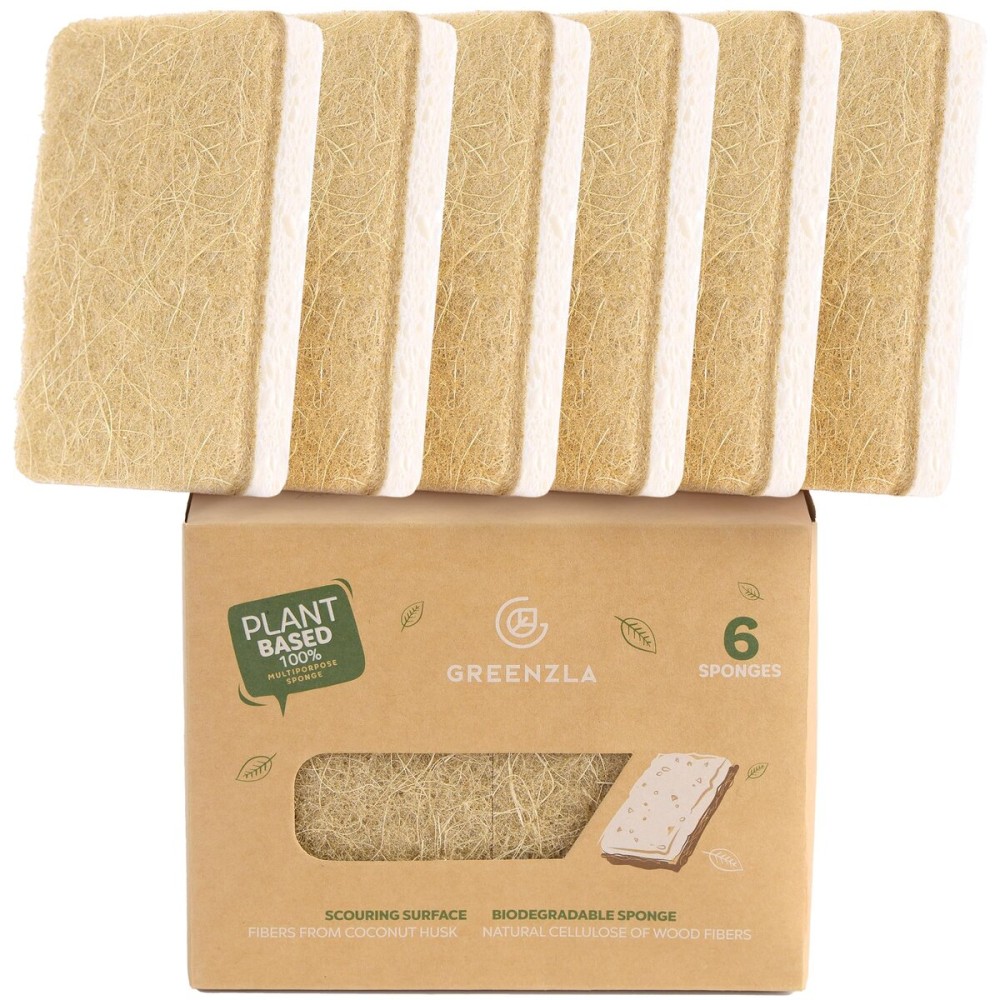 Greenzla Kitchen Sponges, Odor Free Plant-Based Dish Sponges, Non-Scratch Sisal Hemp Scouring Pads for Dishes, Countertops, Bathtubs, and Tiles, 6 Pack