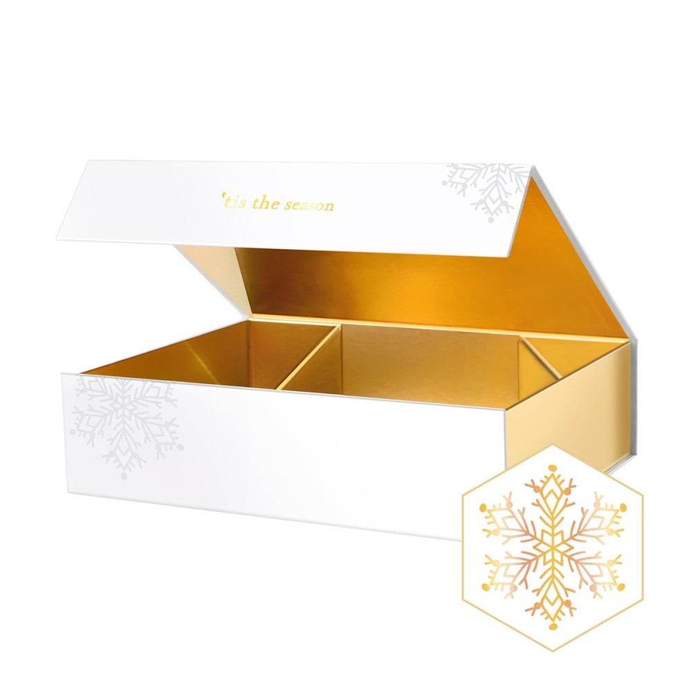 PACKHOME Christmas Gift Box 13x9.7x3.4 Inches, Large Gift Box with Lid, Sturdy Shirt Box with Magnetic Lid for Wrapping Gifts (Gold Snowflake Pattern)