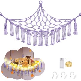 CERETIA Stuffed Animal Hammock with LED Light, Large Stuffed Animals Storage Corner Plushie Net for Kids Room Decor, Purple