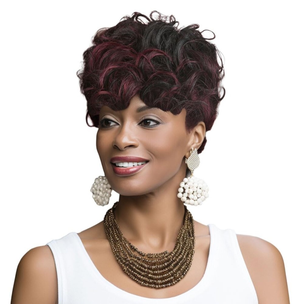 MOONSHOW Short Wigs for Black Women: Ombre Wine Red & Burgundy Curly Wigs, Pixie Cut, Natural Hair Wigs 1B/99J (Ombre Burgundy)