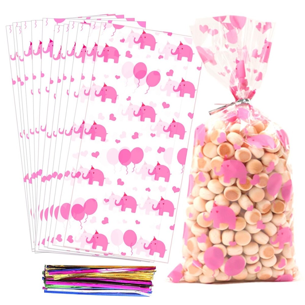COQOFA 100 Pcs 5X11 Gift Wrap Cello Cellophane Treat Bags Party Favor bag Clear Candy Cookie Bag Plastic Poly Goodie Storage Bags with Twist Ties for Baby Shower, Birthday, Wedding ,Party Decorations(Pink Elephant)