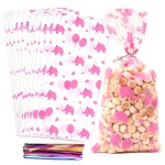 COQOFA 100 Pcs 5X11 Gift Wrap Cello Cellophane Treat Bags Party Favor bag Clear Candy Cookie Bag Plastic Poly Goodie Storage Bags with Twist Ties for Baby Shower, Birthday, Wedding ,Party Decorations(Pink Elephant)