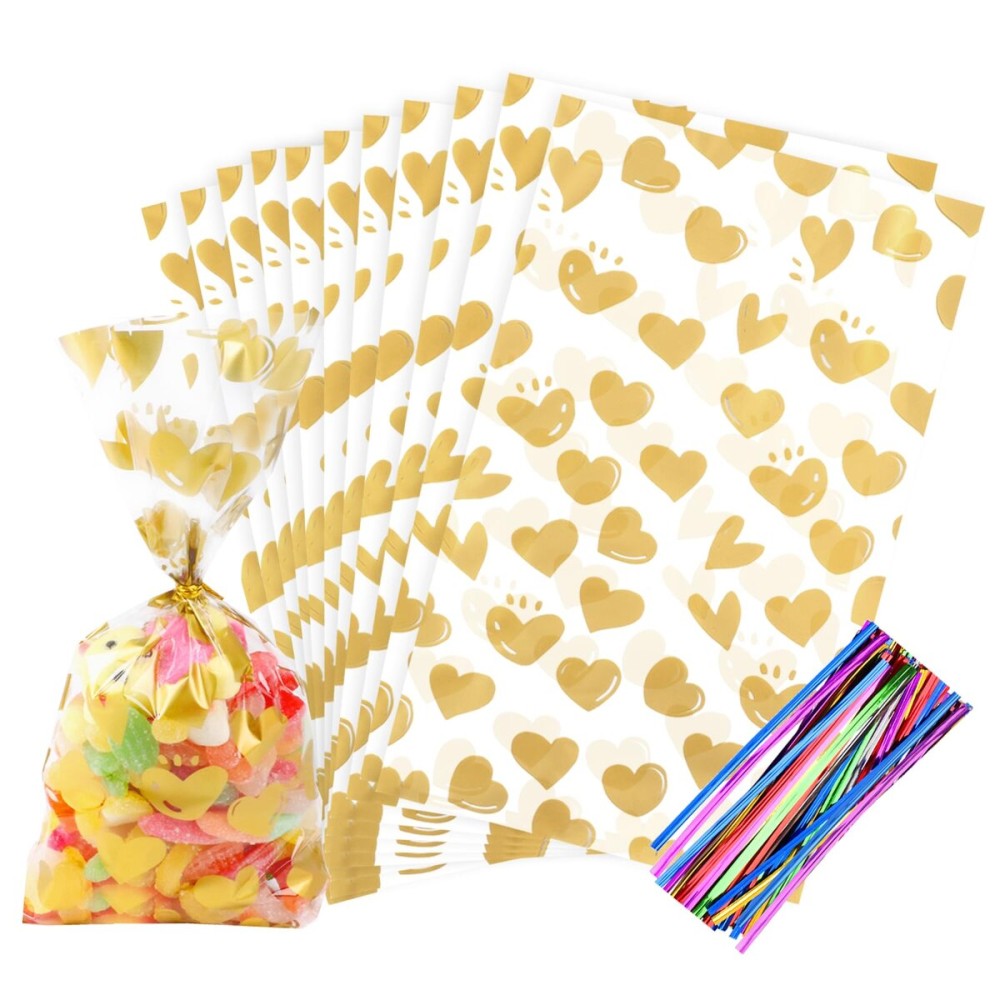 COQOFA 100Pcs 5X11IN Gold Heart Cello Cellophane Treat Bags for Party Favors, Candy, Cookies - Clear Plastic Poly Storage With Twist Ties for Baby Shower, Valentine, Birthday