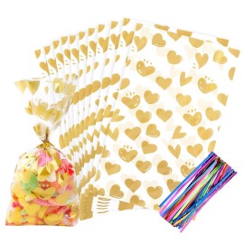 COQOFA 100Pcs 5X11IN Gold Heart Cello Cellophane Treat Bags for Party Favors, Candy, Cookies - Clear Plastic Poly Storage With Twist Ties for Baby Shower, Valentine, Birthday