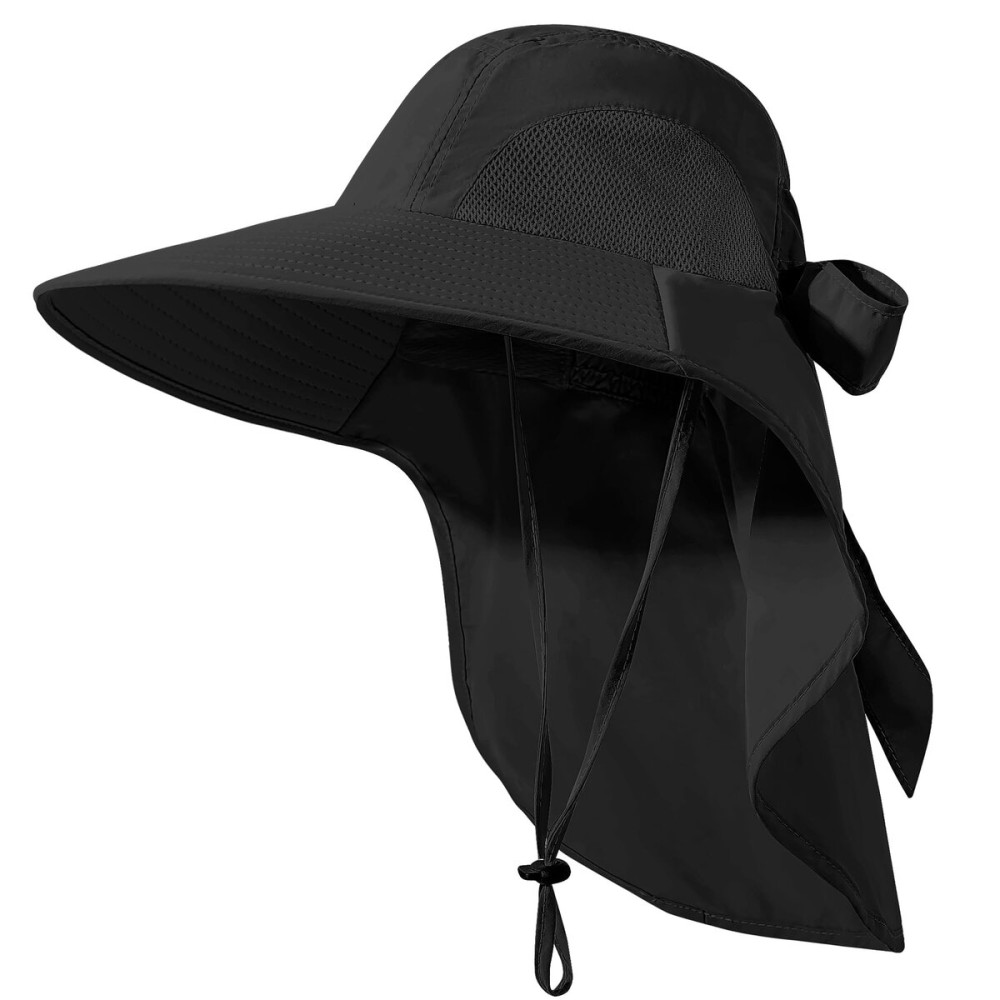 Womens Sun Hat UV Protection, Foldable Waterproof Wide Brim Bucket Hats with Neck Flap for Summer Beach Fishing Hiking Black