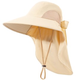 Womens Sun Hat UV Protection, Foldable Waterproof Wide Brim Bucket Hats with Neck Flap for Summer Beach Fishing Hiking Beige