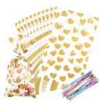 COQOFA 100Pcs 7X12IN Gold Heart Cello Cellophane Treat Bags Gift Party Favor Clear Candy Cookie Plastic Poly Goodie Storage with Twist Ties for Baby Shower, Valentine, Birthday, Wedding, Decorations
