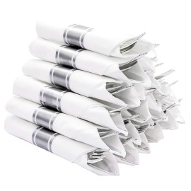 N9R 75 Pack Pre Rolled Silver Plastic Cutlery Set, 75 Pieces (75 Forks, 75 Knives, 75 Spoons, 75 Napkins), Disposable Silverware Set for Party, Wedding, Modern Style