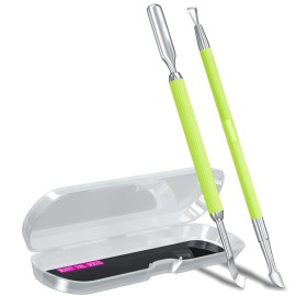 2PCS Metal Neon Green Cuticle Pusher and Cutter Remover Salon Quality Stainless Steel Gel Nail Polish Peeler Scraper Durable Manicure and Pedicure Cleaner Tool For Fingernail and Toenail