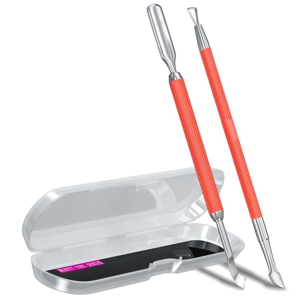 2PCS Metal Red Cuticle Pusher and Cutter Remover Salon Quality Stainless Steel Gel Nail Polish Peeler Scraper Durable Manicure and Pedicure Cleaner Tool For Fingernail and Toenail